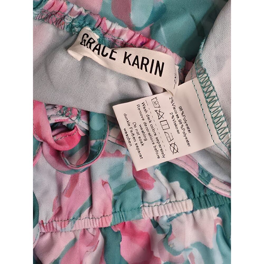 Grace Karin Womens 2XL Pink Teal Floral Tiered Midi Dress Flutter Sleeve NWOT - Picture 8 of 8